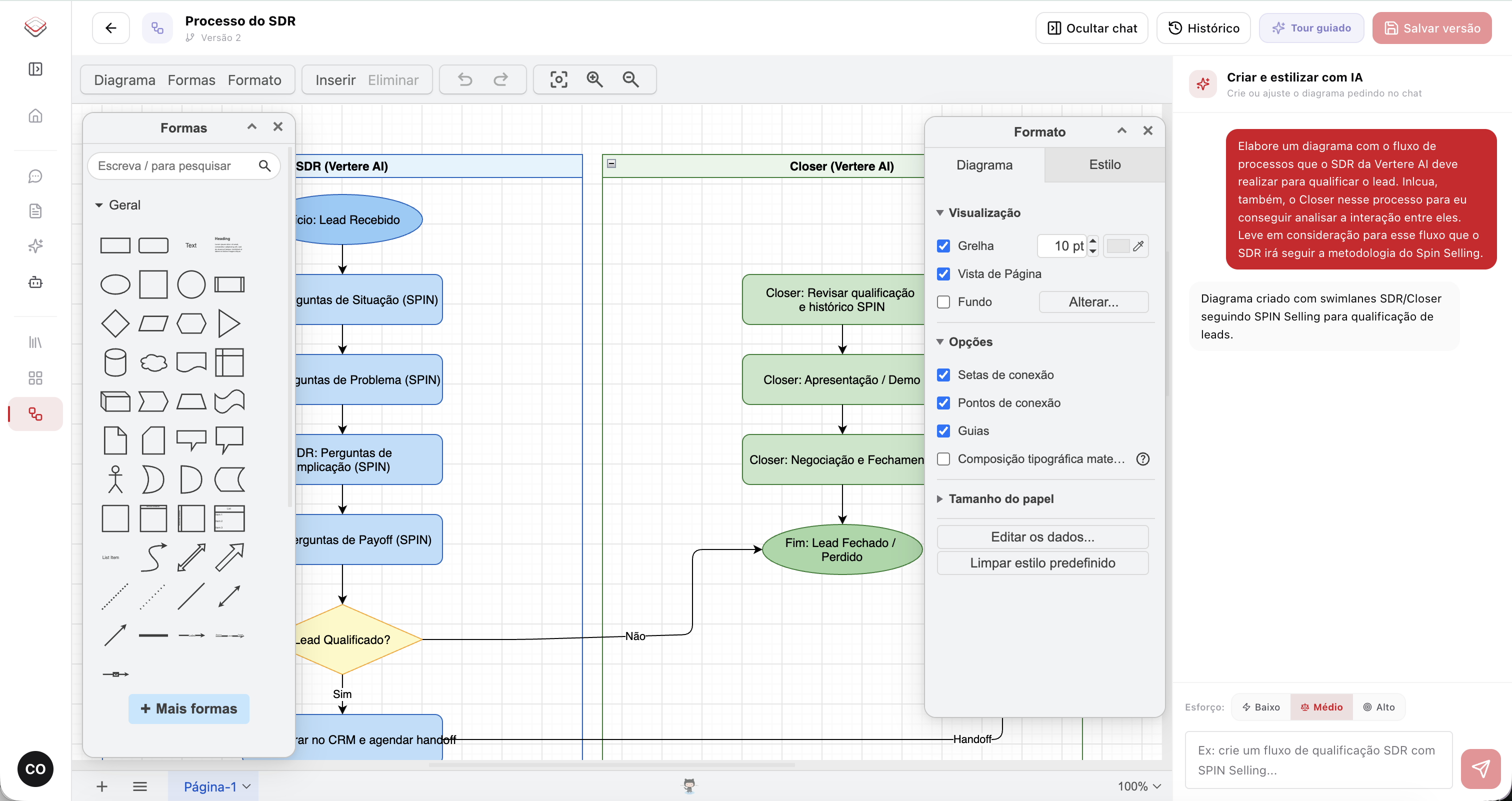 Tela real de criação de diagramas com IA no Vertere Mind
